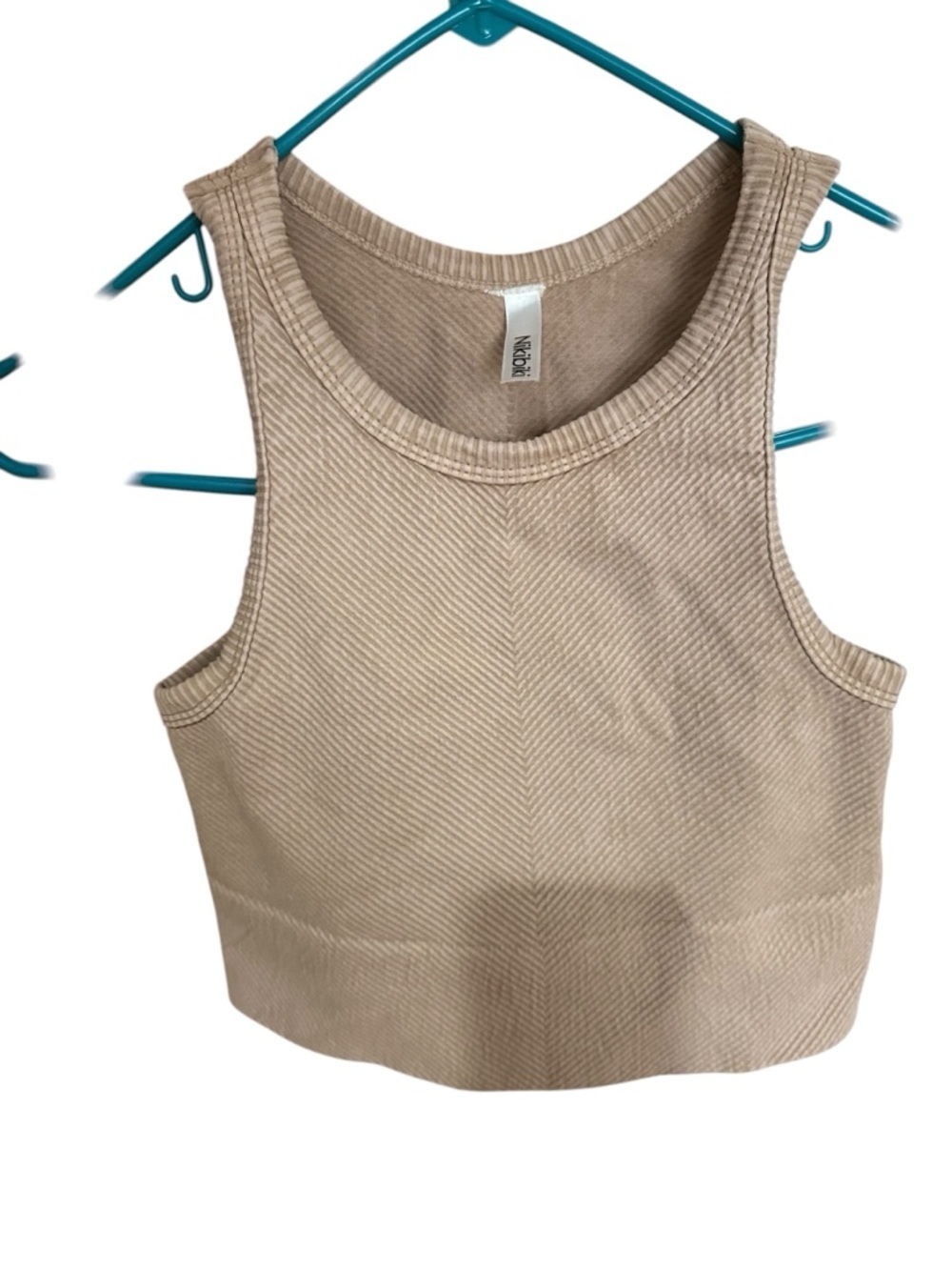 Nikibiki Beige Ribbed Crop Tank Top Seamless Stretch Fitted Sleeveless Basic